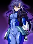  armor aura bangs blue_hair bodysuit breasts clenched_hands cowboy_shot cropped_jacket dark_persona facial_mark faulds ginga_nakajima gloves glowing gradient gradient_background hair_between_eyes hair_ribbon jacket long_hair looking_at_viewer lyrical_nanoha magical_girl mahou_shoujo_lyrical_nanoha mahou_shoujo_lyrical_nanoha_strikers medium_breasts open_clothes open_jacket outline puffy_short_sleeves puffy_sleeves revolver_knuckle ribbon sen_(sansui) serious shiny shiny_skin short_sleeves solo standing taut_clothes thigh_gap turtleneck vambraces very_long_hair yellow_eyes 