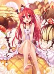  ahoge alastor_(shakugan_no_shana) bare_legs barefoot bow bread chocolate chocolate_heart chocolate_syrup collarbone dress feet food fruit hair_between_eyes hair_ornament halterneck heart highres jewelry ks long_hair looking_at_viewer melon_bread mouth_hold oversized_object parfait pendant red_eyes red_hair shakugan_no_shana shana sitting sparkle strawberry v_arms valentine very_long_hair white_dress 