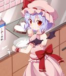  back_cutout bare_back bat_wings blue_hair blush bowl chocolate chocolate_heart chocolate_making dress finger_in_mouth finger_sucking hat hat_ribbon heart kitchen looking_at_viewer looking_back milk_carton mob_cap nikku_(ra) pink_dress puffy_short_sleeves puffy_sleeves red_eyes remilia_scarlet ribbon sash short_sleeves solo tasting touhou valentine white_chocolate wings wrist_cuffs 