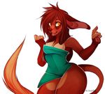  2014 amber_eyes anthro breasts claws cleavage clothed clothing fangs female fur geekidog hair long_hair looking_back open_mouth plain_background red_fur red_hair red_nose smile solo teeth thick_thighs tongue tongue_out towel unknown_species white_background wide_hips 