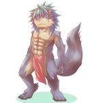  abs anthro black_nose blue_fur blue_hair clothed clothing fangs feline fur hair half-dressed loincloth male mammal muscles nipples pecs plain_background red_eyes solo standing topless white_background 犬神虎哉 