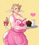  anthro big_breasts big_butt blush bovine breasts brown_hair butt cattle cleavage clothed clothing cupcake cute doris drakthug ear_piercing facial_piercing female food gold hair horn looking_at_viewer mammal milk multi_breast nose_piercing nose_ring piercing pink_skin solo thick_thighs 