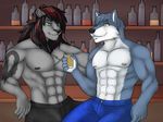  abs alcohol anthro bar beer beverage biceps black_hair black_nipples black_nose blue_fur blue_hair canine clothing dog drink duo feline fur green_eyes grey_fur grin hair husky jeans karmakat lion male mammal muscles nipples pants pecs pose rain-yatsu rainier red_hair sitting smile tattoo toned topless white_fur yellow_eyes 