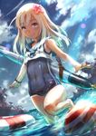  bad_id bad_pixiv_id ball blonde_hair blue_eyes cloud crop_top day dutch_angle flower hair_flower hair_ornament highres innertube kantai_collection kusano_shinta light_rays long_hair outdoors outstretched_arms ro-500_(kantai_collection) sailor_collar school_swimsuit sky sleeveless smile solo sunbeam sunlight swimsuit swimsuit_under_clothes tan tanline torpedo wading water wristband 