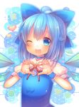 ;d ahoge blue_eyes blue_hair bow choker cirno hair_bow hair_ribbon heart heart_hands ice ice_wings looking_at_viewer one_eye_closed open_mouth pjrmhm_coa ribbon short_hair smile solo touhou wings 