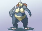  2014 anthro areola big_breasts breasts claws female gwon muscles muscular_female nidoqueen nintendo nipples nude obese overweight plain_background pok&eacute;mon pussy solo standing toe_claws tongue tongue_out video_games 