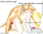  bdsm begging bestiality blonde_hair canine chain collar dog duo female feral forced hair hound human interspecies knot leash male mammal prisoner rape scratches slave straight text 