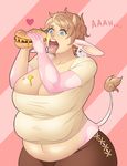  anthro big_breasts blue_eyes bovine bread breasts brown_hair burger cattle cheese cleavage clothed clothing doris drakthug drooling ear_piercing eating facial_piercing female food gold hair ketchup mammal meat multi_breast mustard navel nose_piercing nose_ring obese overweight piercing pink_skin saliva solo thick_thighs wide_hips 