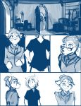  2018 anthro canine chair clothed clothing comic crate duo eyewear female fur glasses hair human keidran male mammal monochrome roselyn_(twokinds) sketch smile table tom_fischbach trace_legacy twokinds webcomic window wolf 