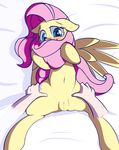  2014 blush cutie_mark disembodied_hand duo equine female feral fluttershy_(mlp) friendship_is_magic fur hair human long_hair lying mammal mostazathy my_little_pony navel nude on_back pegasus pink_hair pussy solo_focus spread_legs spreading sweat wings yellow_fur 
