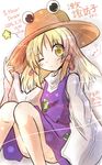  ;) absurdres blonde_hair bow hair_bow hair_ribbon hat highres long_hair looking_at_viewer moriya_suwako one_eye_closed ribbon sitting sketch smile solo touhou translated yellow_eyes yurume_atsushi 