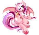  anthro bat_pony big_breasts breasts camel_toe clothing cutie_mark ear_piercing equine fan_character female freckles fur gastropod green_eyes hair hair_over_eye hooves long_hair looking_at_viewer mammal membranous_wings multicolored_hair my_little_pony nipples open_mouth panties piercing pink_fur plain_background rainbowscreen raised_tail rear_view smile snail solo striped_panties underwear wings 
