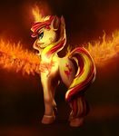  2014 blonde_hair equestria_girls equine female feral fire glowing hair hooves horn looking_at_viewer looking_back magic mammal my_little_pony mykegreywolf red_hair red_theme solo sunset_shimmer_(eg) two_tone_hair unicorn wings 