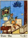  2014 alinraven anthro anus balls butt canine clothing ear_piercing fox fur hair inside lamp looking_at_viewer looking_back male mammal orange_fur painting pants pants_down paws piercing pool_table presenting presenting_hindquarters rear_view room smile smoking sofa solo traditional_media_(artwork) trevor_fox 