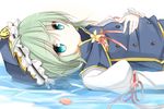  arm_ribbon blue_eyes green_hair hand_on_own_chest hat hat_ribbon juliet_sleeves long_sleeves looking_at_viewer lying on_back petals puffy_sleeves ribbon shiki_eiki shirt solo touhou vest water yuuhagi_(amaretto-no-natsu) 