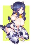  absurdres animal_ears animal_print bell bell_collar blue_hair blush breasts collar cow_ears cow_print cow_tail fengmo highres large_breasts long_hair looking_at_viewer nipples open_mouth original purple_eyes sitting solo tail thighhighs 