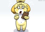  animal_crossing anthro canine clipboard female isabelle_(animal_crossing) mammal navel nintendo nude open_mouth panic plain_background pokehidden pussy shih_tzu solo tongue video_games 