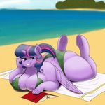  2014 anthro anthrofied beach big_breasts bikini book breasts chubby clothing colored edit equine female friendship_is_magic fur hair hazama hooves horn kevinsano looking_at_viewer lying mammal my_little_pony nipples on_front outside purple_eyes purple_fur seaside smile solo swimsuit twilight_sparkle_(mlp) winged_unicorn wings 