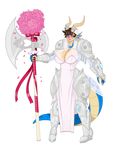  armor axe big_breasts blue_eyes blue_scales blush breasts brown_hair claws cleavage clothed clothing dragon drakthug ear_piercing facial_piercing female flower gem gold hair horn lip_piercing necklace norael piercing plain_background plant rose solo voluptuous weapon wedding_dress white_background 