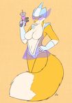  anthro breasts canine clothed clothing female fluffy_tail fox holding holding_weapon looking_at_viewer mammal skimpy smile solo starfighter weapon 