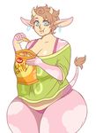  anthro big_breasts blue_eyes bovine breasts brown_hair cattle chips cleavage clothed clothing doris drakthug ear_piercing eating facial_piercing female gold hair horn mammal nose_piercing nose_ring piercing pink_skin solo thick_thighs white_hair 