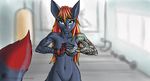  anthro bionic bionic_arm breasts canine cybernetics cyborg dragonnetstorm female fur hair inside looking_at_viewer mammal nude piercing pose robotic simple_background solo standing tattoo tech technology train training wolf xaviera 