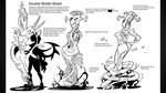  breasts butt concept_art crown double_(skullgirls) english_text female monochrome monster official_art skullgirls solo teeth text 