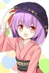  bowl bowl_hat hat japanese_clothes kimono long_sleeves obi open_mouth purple_hair red_eyes sash smile solo sukuna_shinmyoumaru touhou wide_sleeves yuuhagi_(amaretto-no-natsu) 
