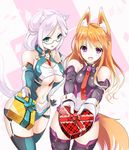  animal_ears bare_shoulders blue_eyes box breasts cat_ears cat_tail fatkewell fox_ears fox_tail glasses gloves heart-shaped_box large_breasts long_hair multiple_girls orange_hair original purple_eyes rika_eastre sharon_catiey silver_hair small_breasts tail thighhighs underboob valentine 
