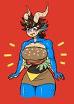 big_breasts blue_scales blush breasts brown_hair burger cleavage clothed clothing dragon drakthug facial_piercing female food gold hair horn lip_piercing norael piercing solo 