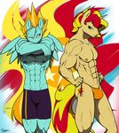  abs anthro biceps bulge clothing crossgender duo equestria_girls equine friendship_is_magic horn lightning_dust_(mlp) male mammal muscles my_little_pony nipples pecs pegasus shorts slypon sunset_shimmer_(eg) toned topless unicorn wings 