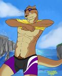  2014 abs anthro beach butt clothing daniel_rivers male mammal mustelid navel otter outside pubes sea seaside shade_the_wolf solo swimsuit water 