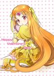  bad_id bad_pixiv_id blush boots bow circlet cure_muse_(yellow) frills gift hair_ribbon heart knee_boots long_hair magical_girl orange_hair pink_eyes precure ribbon shirabe_ako solo sori_(soriano0620) suite_precure valentine very_long_hair yellow_bow yellow_footwear 