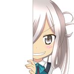  :d asashimo_(kantai_collection) eyebrows_visible_through_hair grin kantai_collection long_hair looking_at_viewer nagineko open_mouth peeking_out school_uniform silver_eyes silver_hair smile solo transparent_background v-shaped_eyebrows 