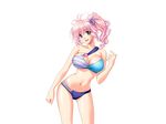  1girl bare_shoulders bikini breasts cleavage game_cg happy highres ichii_mariru large_breasts legs long_hair looking_at_viewer mainichi_shabutte_ii_desu_ka? mochizuki_nozomu navel pink_hair ponytail purple_eyes simple_background smile solo standing swimsuit thighs white_background 