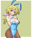  animal_ears bangs bare_shoulders blonde_hair blue_leotard bow bowtie breasts bunny_ears bunnysuit charlotte_dunois cleavage covered_navel covered_nipples cowboy_shot detached_collar fake_animal_ears fishnet_pantyhose fishnets green_background hair_between_eyes hair_ribbon hands_on_own_chest hips infinite_stratos kemonomimi_mode large_breasts leotard long_hair low_ponytail monte_(koupin) pantyhose ponytail purple_eyes ribbon shadow sideboob simple_background smile strapless wrist_cuffs 