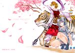  animal_ears animal_print black_hair blonde_hair breasts cherry_blossoms grey_hair large_breasts mouse_ears mouse_tail multicolored_hair multiple_girls navel nazrin nyuu_(manekin-eko) petals polearm red_eyes shawl spear tail tiger tiger_print toramaru_shou touhou two-tone_hair weapon 