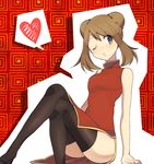  ;o arm_support bare_shoulders blue_eyes blush brown_hair china_dress chinese_clothes crossed_legs cutout double_bun dress haruka_(pokemon) heart one_eye_closed petagon pokemon pokemon_(game) pokemon_oras sitting solo spoken_heart thighhighs 