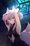  animal_ears armpits arms_up bound breasts center_opening chain chained chains china_dress chinese_clothes cis05 clenched_teeth cuffs double_bun dress fate/grand_order fate_(series) fox_ears fox_tail glasses grey_hair koyanskaya large_breasts long_hair no_bra prison solo tail teeth underboob yellow_eyes 