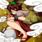  animal_ears brown_eyes brown_hair cuffs eyebrows futatsuiwa_mamizou glasses janku_daruku leaf one_eye_closed pipe raccoon_ears raccoon_tail shackles solo squatting tail thick_eyebrows touhou 