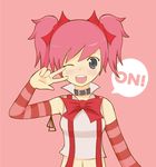  ;d bow bowtie choker copyright_name looking_at_viewer mascot midriff navel one_eye_closed open_mouth pink_background re:on red_bow red_hair red_neckwear reyna_(re:on) rong_rong round_teeth shirt sleeveless sleeveless_shirt smile solo speech_bubble suspenders talking teeth twintails v v_over_eye white_shirt 