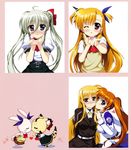  absurdres asteion blush bow breasts cheek_kiss einhart_stratos fate_testarossa fujima_takuya heart heterochromia highres kiss long_hair low-tied_long_hair lyrical_nanoha mahou_shoujo_lyrical_nanoha_vivid medium_breasts military military_uniform multiple_girls one_eye_closed red_bow sacred_heart scan school_uniform side_ponytail st._hilde_academy_of_magic_uniform takamachi_nanoha tsab_air_military_uniform tsab_executive_military_uniform uniform vivio yuri 