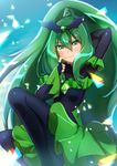  bad_end_march bad_end_precure black_bodysuit black_gloves blush bodysuit eyeshadow fingerless_gloves galibo gloves green_eyes green_hair long_hair looking_at_viewer makeup ponytail precure smile smile_precure! solo tiara very_long_hair 