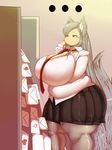  1girl animal_ears breast_hold breasts brown_eyes cleavage fat fox_ears fox_tail hair huge_breasts lockwoodmakuroc long niah_lockwood pantyhose school_uniform silver_hair skirt solo standing tail thick_thighs trinityfate whiskers wide_hips 