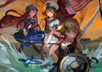  :d aircraft airplane america american_flag blue_eyes bow_(weapon) brown_eyes brown_hair enterprise_(pacific) f4f_wildcat holding jeanex kantai_collection long_hair looking_at_viewer machinery mecha_musume multiple_girls open_mouth original pacific pantyhose red_hair short_hair smile turret uss_mahan_(dd-364) uss_maury_(dd-401) water weapon wind 