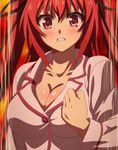  1girl angry blush breasts bust cleavage clenched_teeth large_breasts long_hair looking_at_viewer naruse_mio pajamas red_eyes red_hair screencap shinmai_maou_no_testament solo teeth upper_body 