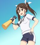  :d blue_background brown_eyes brown_hair caryo gradient gradient_background gym_shorts gym_uniform hair_between_eyes hair_ribbon hand_on_hip kantai_collection long_hair looking_at_viewer megaphone name_tag nanashino open_mouth ribbon shorts smile solo tone_(kantai_collection) twintails white_ribbon 