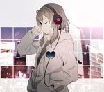  akami_fumio bangs cable casual closed_eyes closed_mouth coat collared_shirt drawstring flat_chest gumi hand_in_pocket hand_up headphones heart jacket long_hair long_sleeves muted_color necktie partially_colored projected_inset school_uniform shirt short_hair short_hair_with_long_locks sidelocks sleeves_past_wrists smile solo upper_body vocaloid zipper 