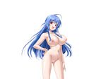  1girl areolae blue_hair braid breasts censored game_cg hand_on_hip happy highres huge_breasts legs long_hair looking_at_viewer mainichi_shabutte_ii_desu_ka? mochizuki_nozomu navel nipples nude open_mouth pussy red_eyes simple_background smile solo standing thighs twin_braids white_background yamada_momoko 