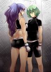  alternate_costume alternate_hairstyle ass back breasts brown_hair face-to-face fingerless_gloves gloves gradient_hair green_eyes green_hair hijiri_byakuren kazami_yuuka large_breasts long_hair looking_at_another midriff mixed_martial_arts multicolored_hair multiple_girls muscle pants ponytail purple_hair shirt short_hair short_sleeves shorts sleeveless staring sweat tobisawa toned touhou white_gloves 